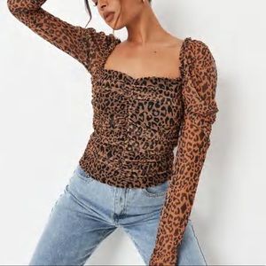 Brown Leopard Mesh Ruched Milkmaid Top